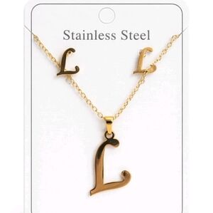 Gold Tone Stainless Steel Monogram Letter "L" Earring And Necklace Set